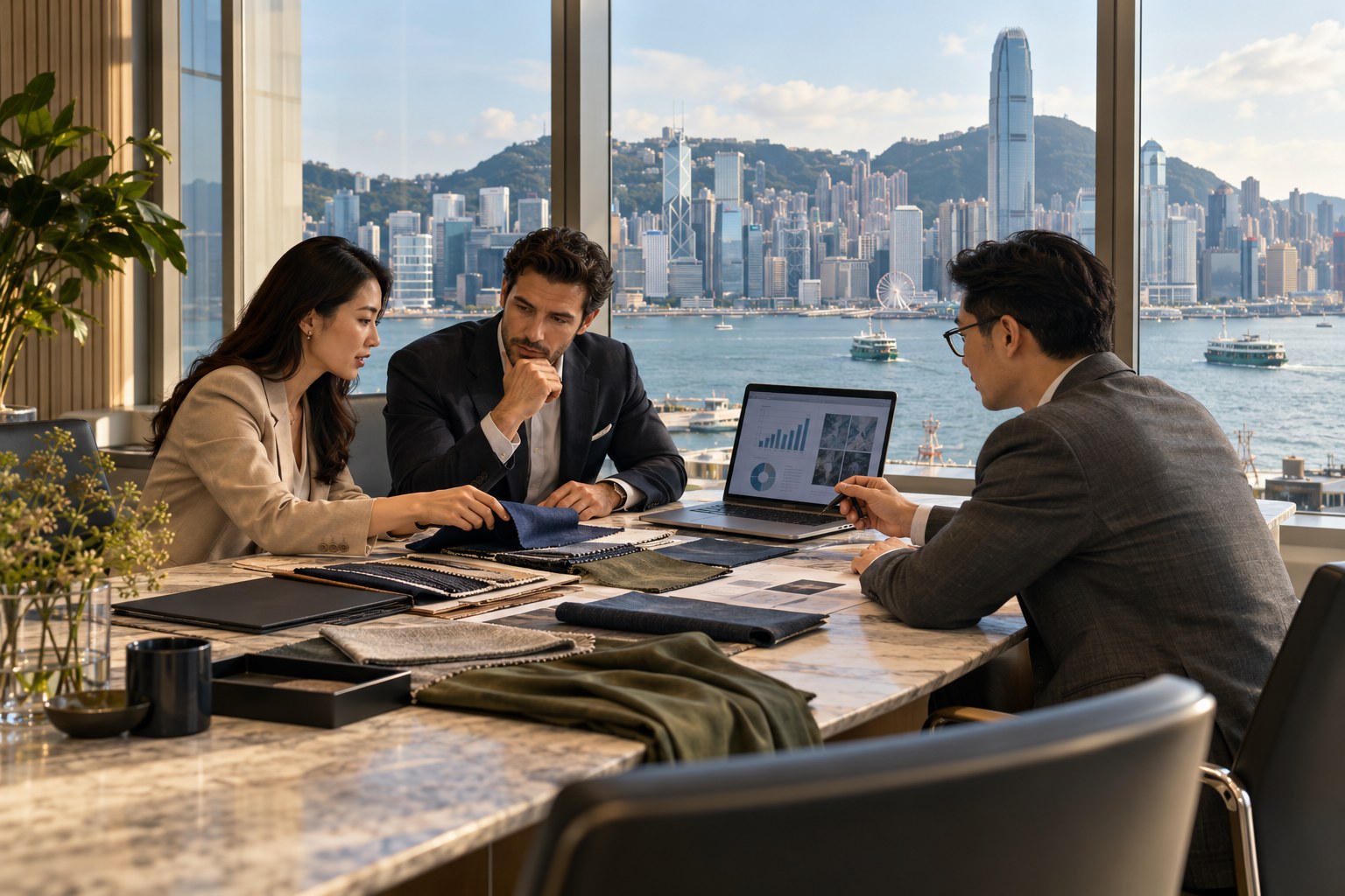 Illustrative business meeting overlooking Hong Kong Victoria Harbour